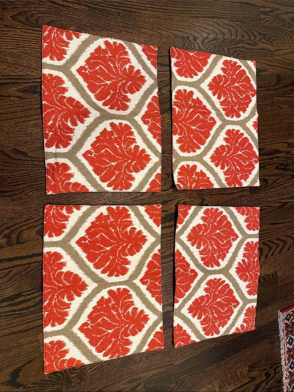 Set of 4 Red Placemats with Cream Medallion Pattern. Reversible.